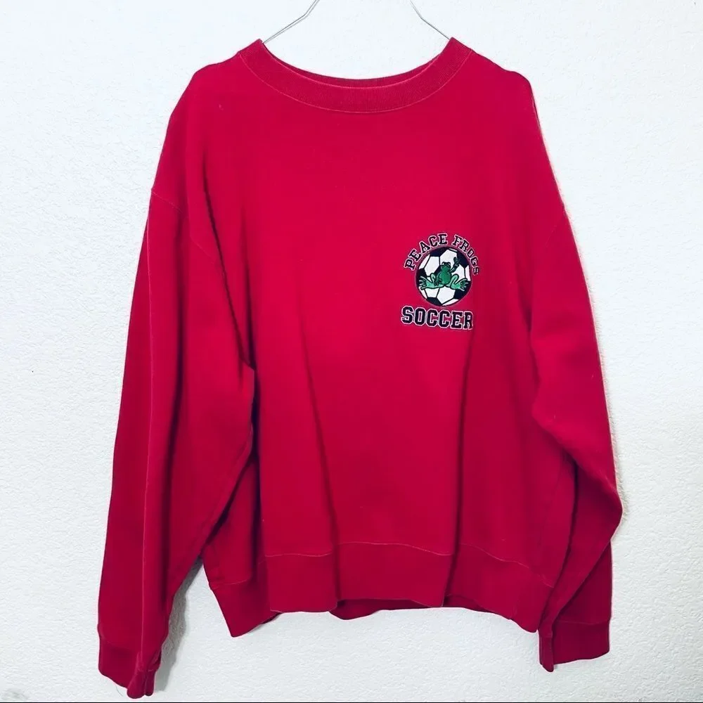 Vintage Peace Frogs Red Crew Neck Embroidered Soccer Sweatshirt Unisex Size XL